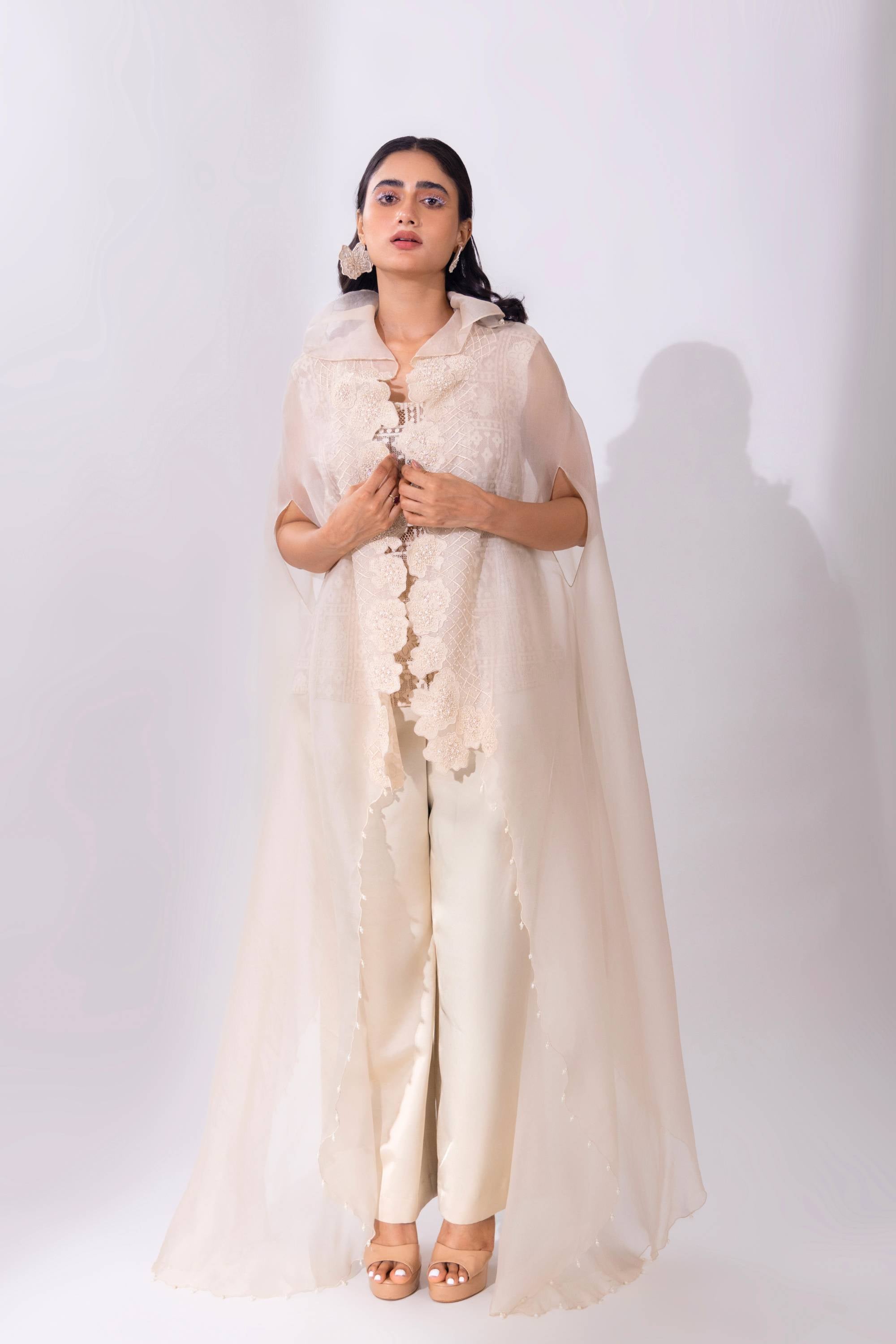 White Organza WaveBorne Cape with Top and Pant