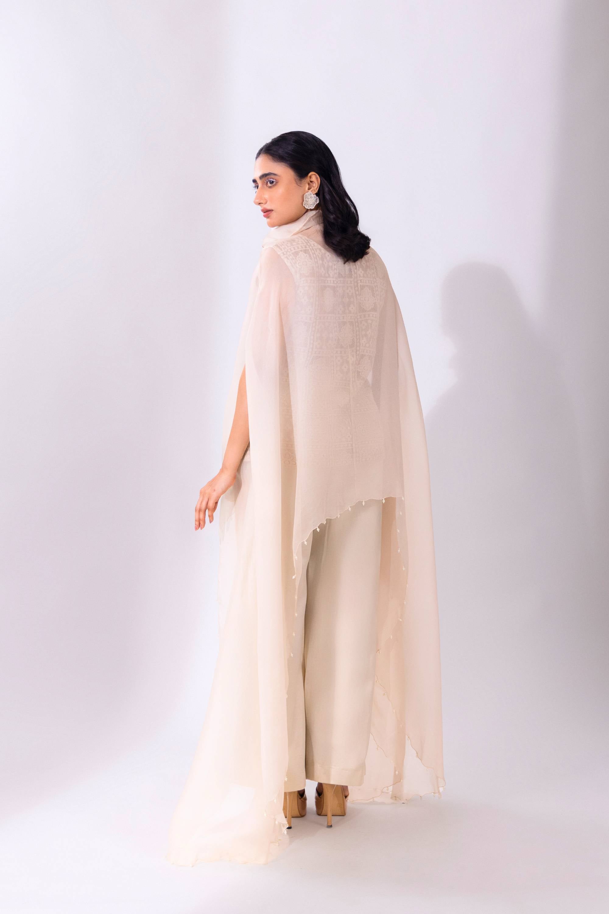 White Organza WaveBorne Cape with Top and Pant