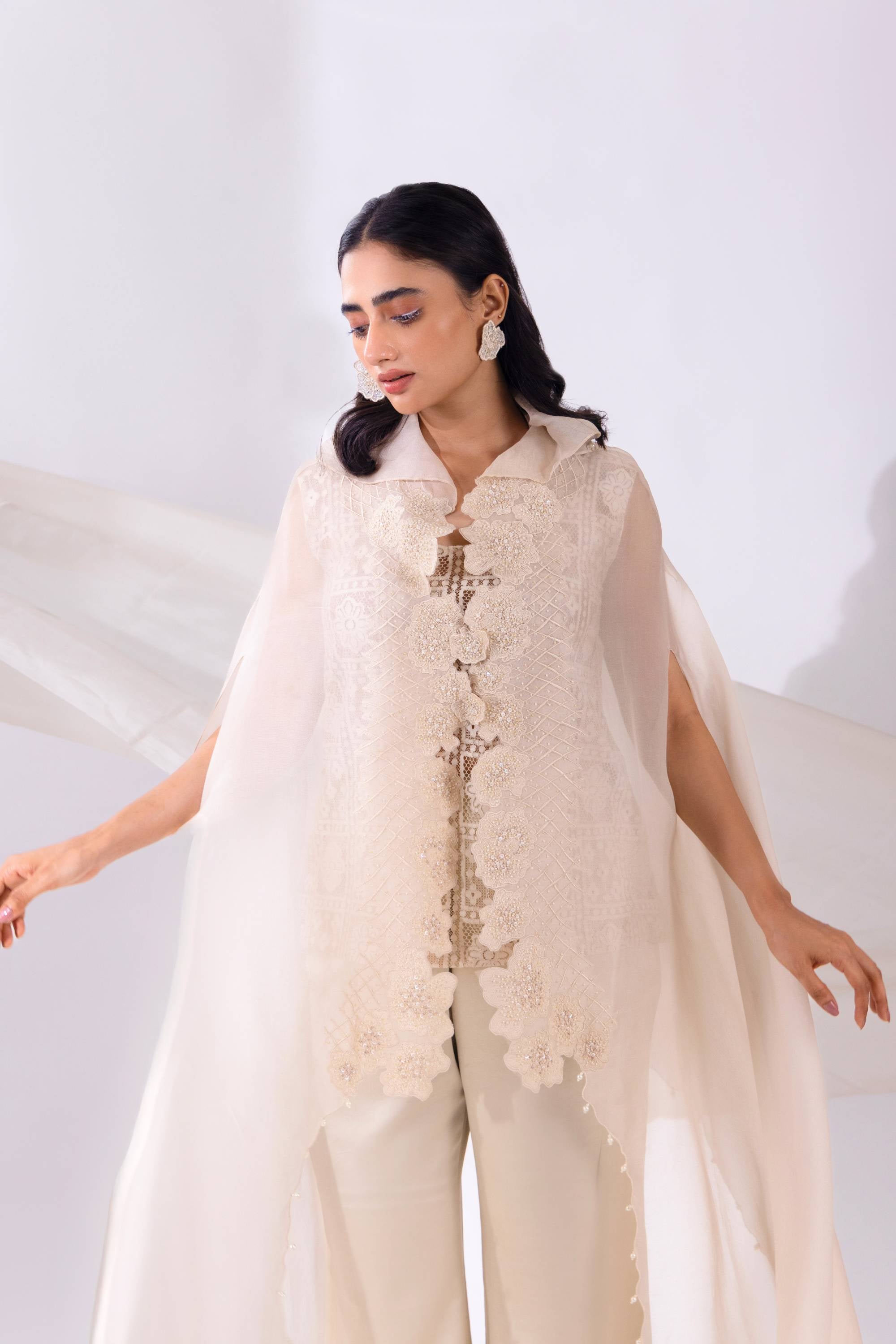 White Organza Cape with Top and Pant