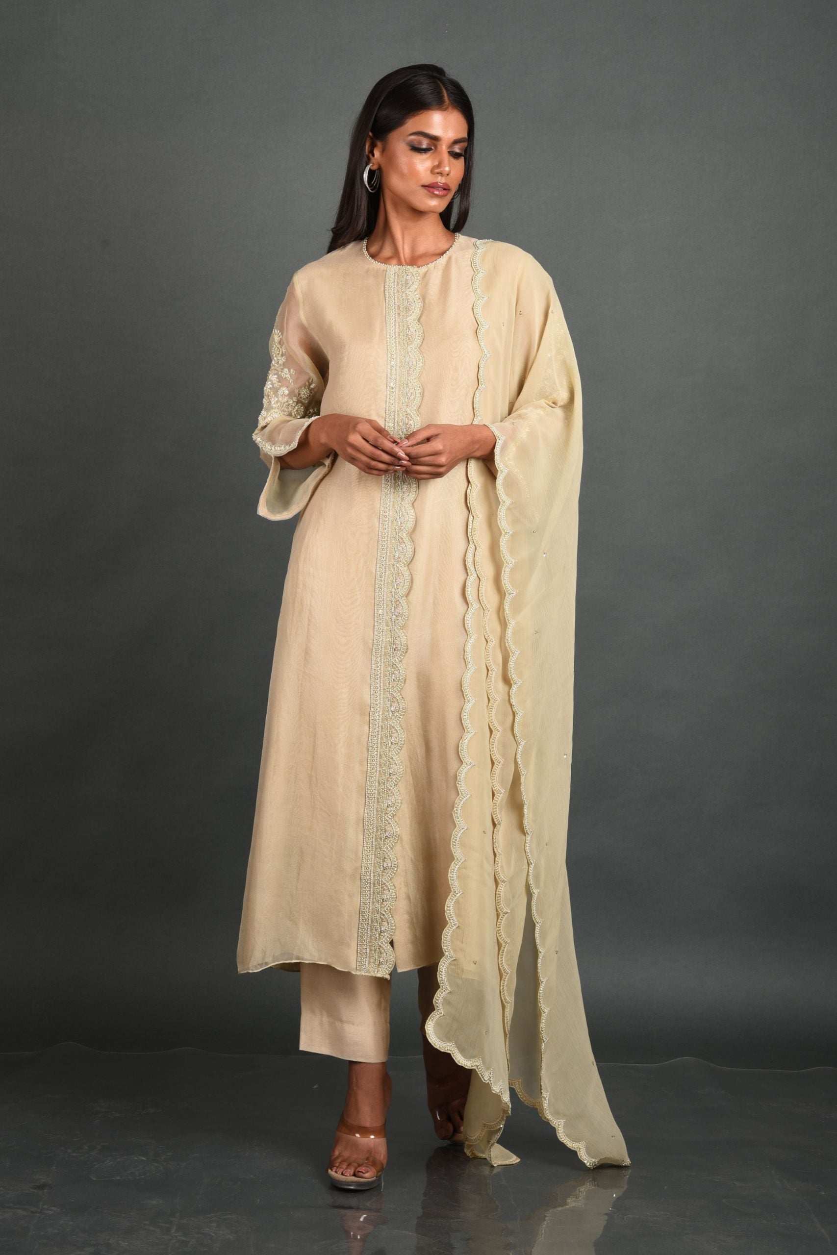 Beige Organza Kurta With Pant and Dupatta