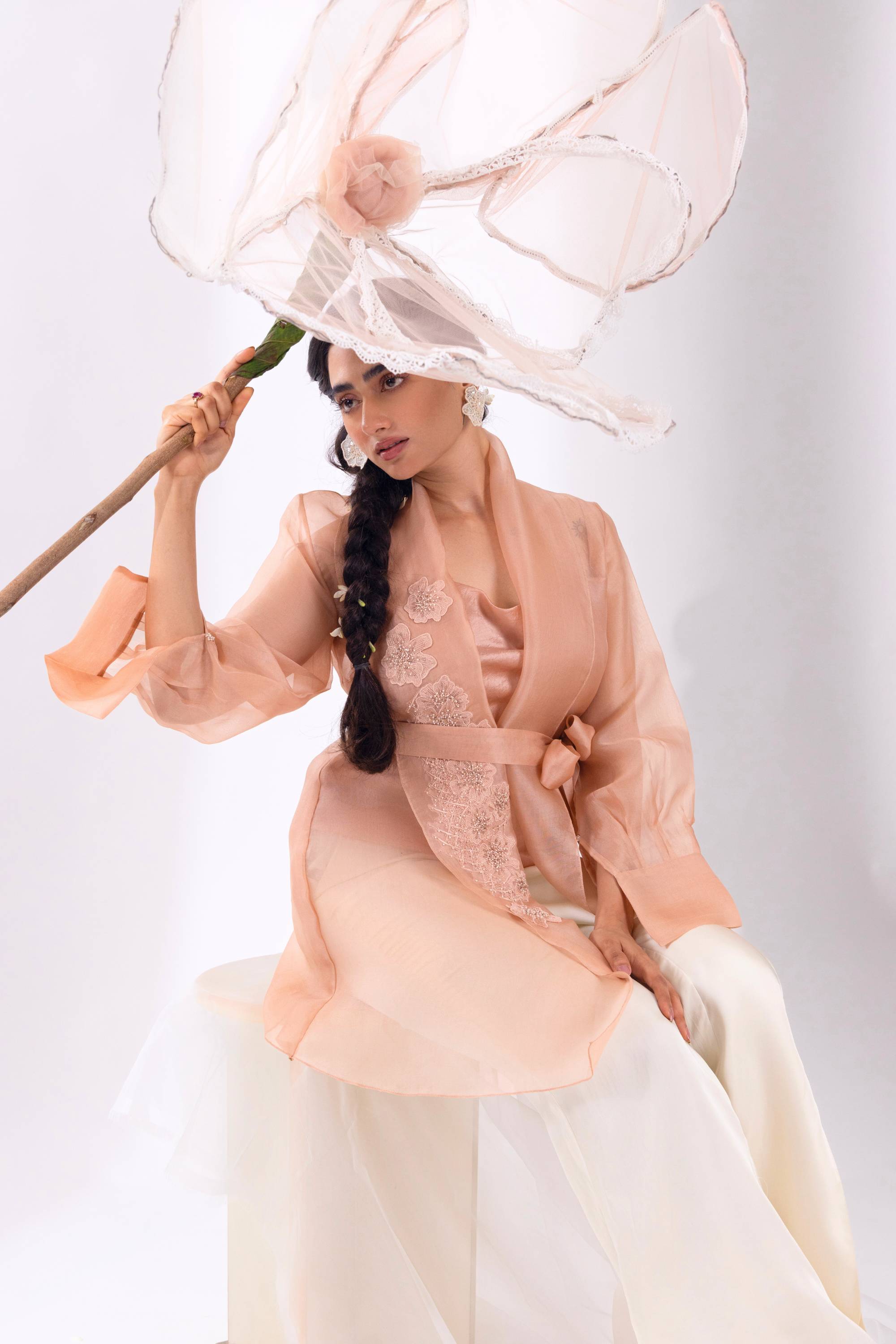 Peach Overlay Organza Jacket With Pant