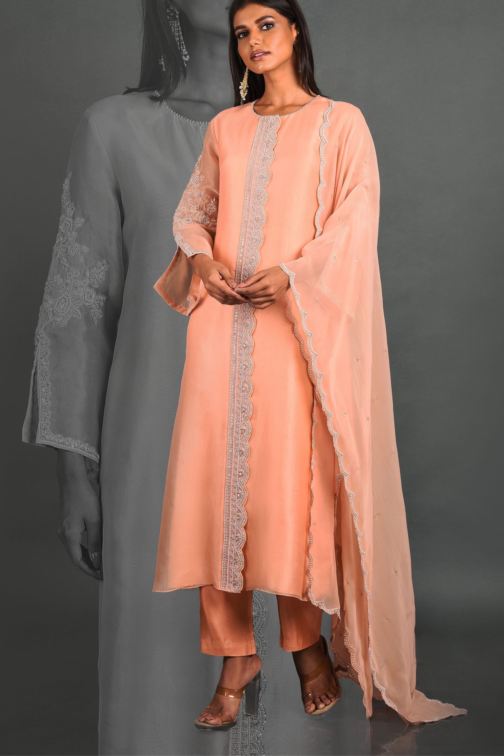 Peach Viscose Pant With Dupatta and Kurta