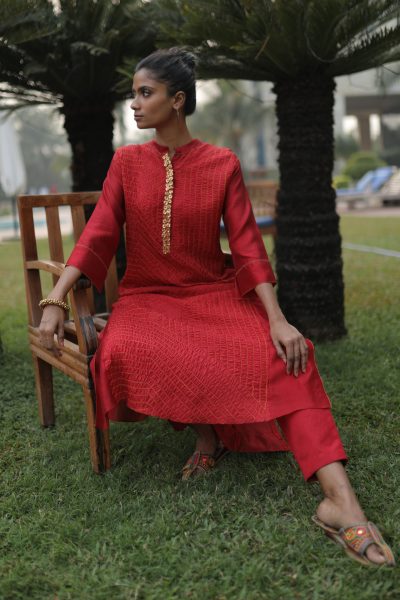 Red Bandhej Kurta With Pant