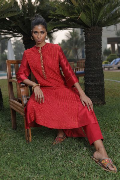 Red Bandhej Kurta With Pant