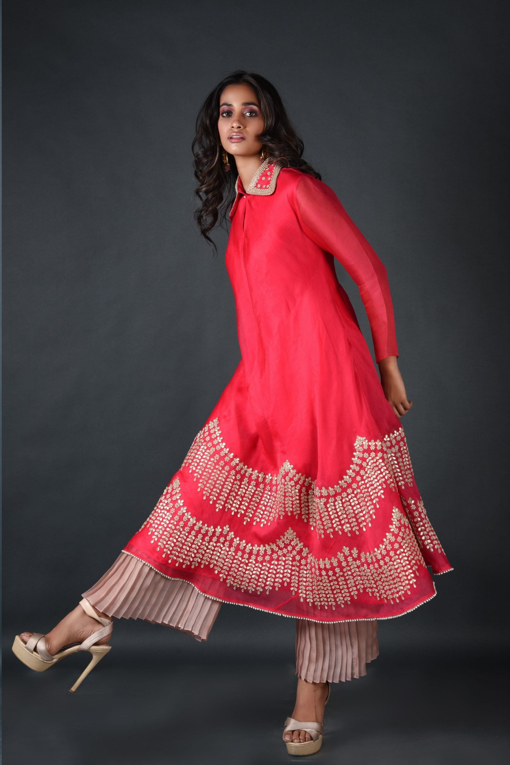 Red Organza Kurta With Pant
