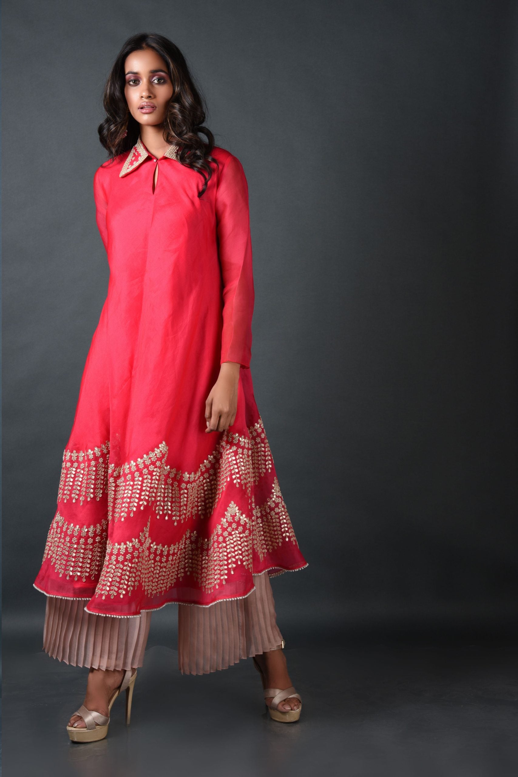 Red Organza Kurta With Pant