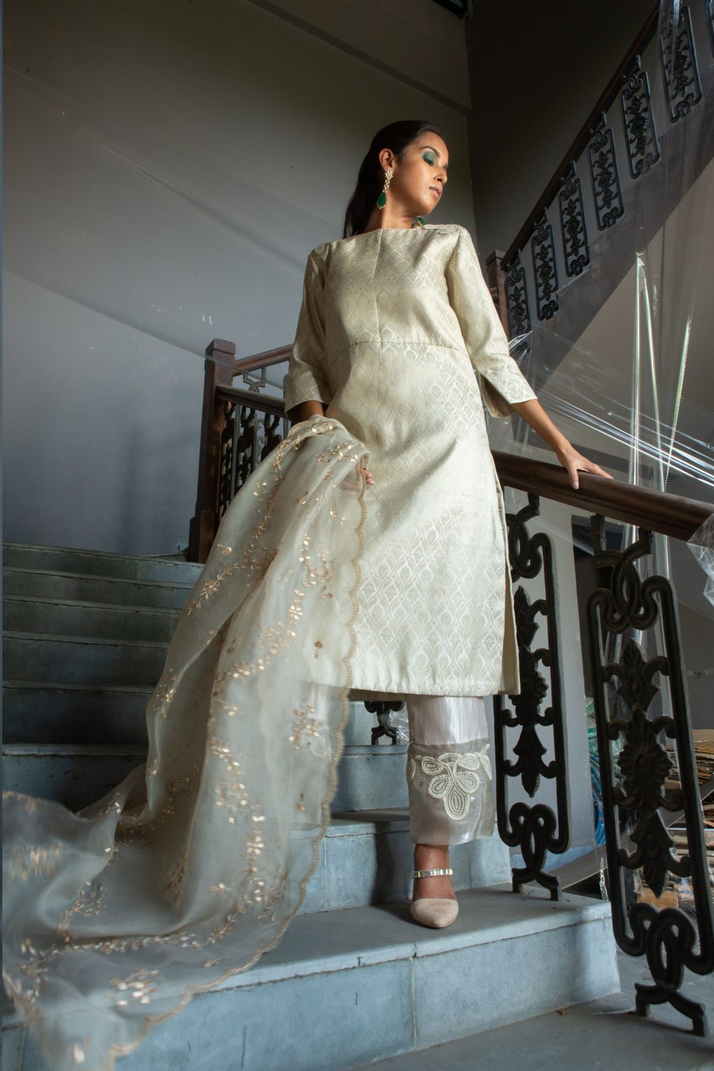 Beige Brocade Kurta with Pant and Dupatta