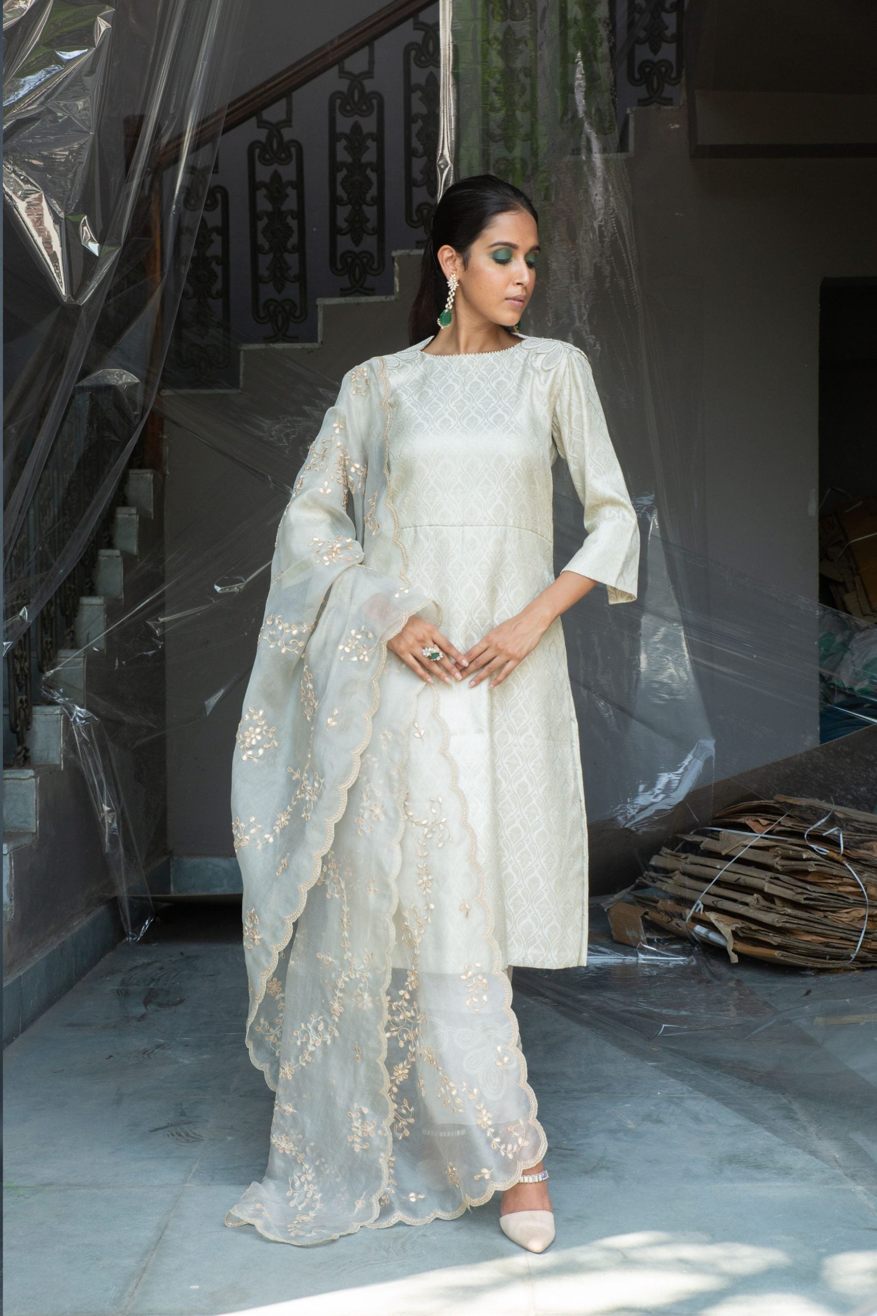 Beige Brocade Kurta with Pant and Dupatta
