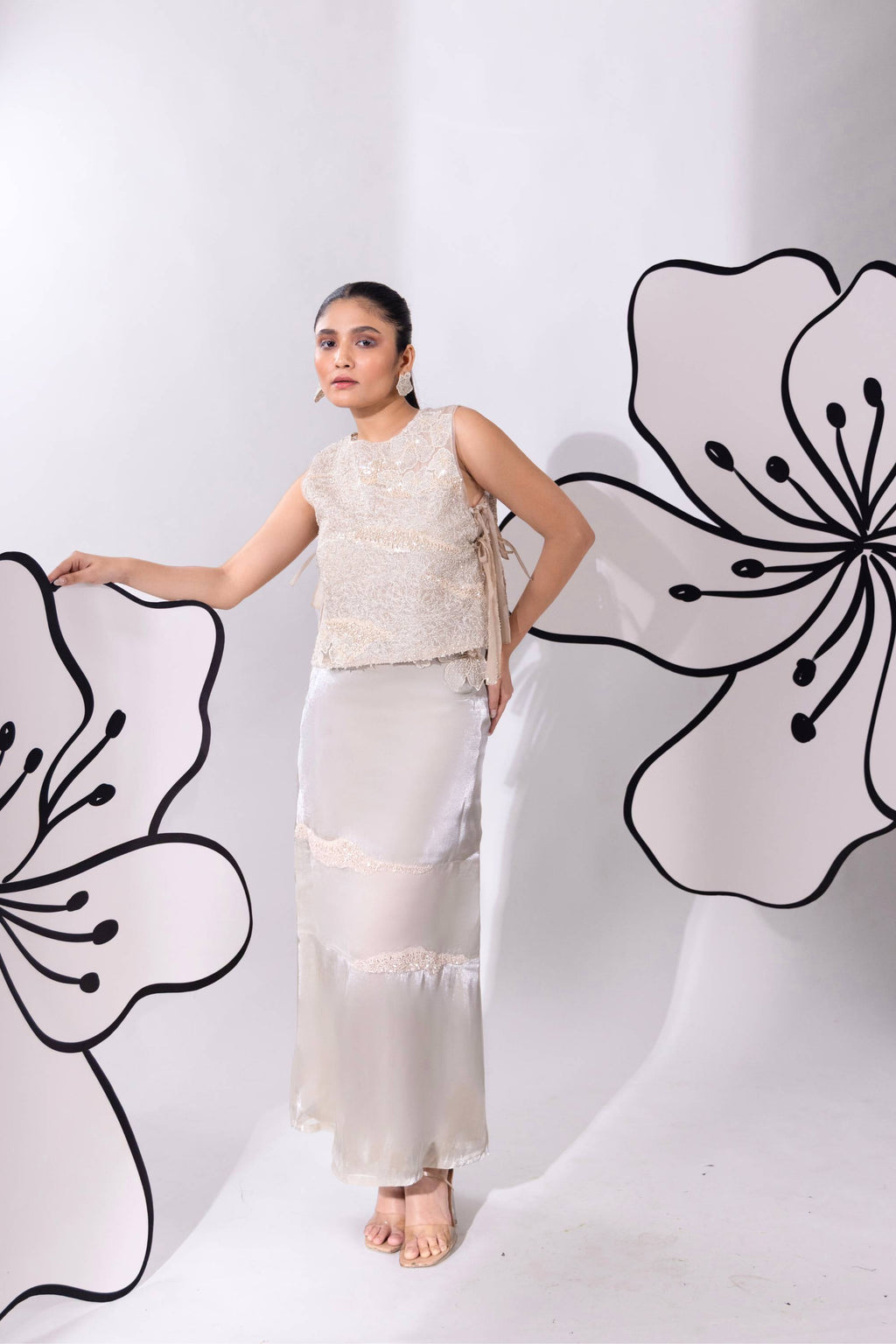 Silver Shimmer Set With With Top, Skirt & Bustier