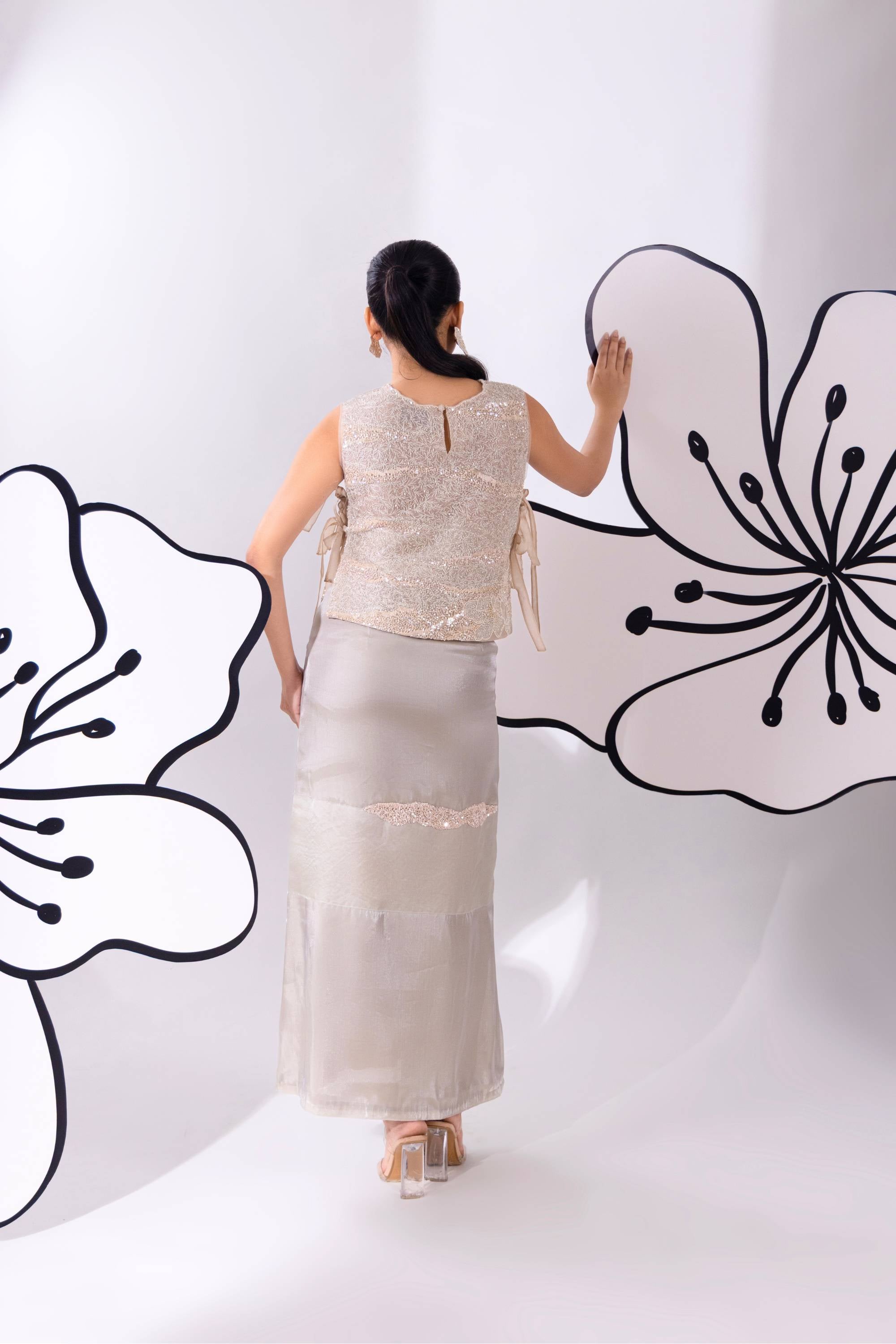 Silver Shimmer Set With With Top, Skirt & Bustier