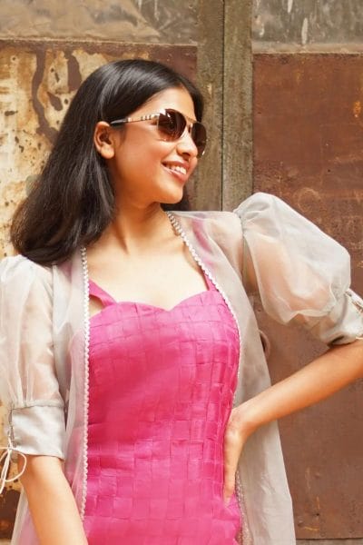Pink Textured Crepe Dress With Jacket