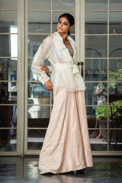 White Chikan Pant With Bustier and Jacket