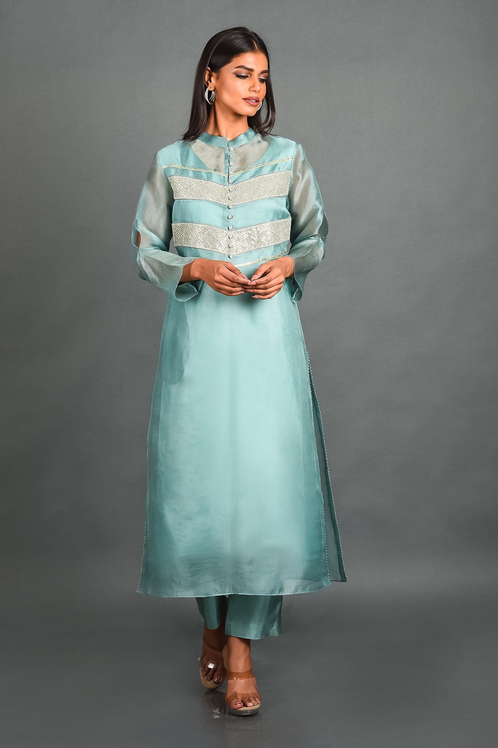 Blue Organza Kurta With Pant and Dupatta