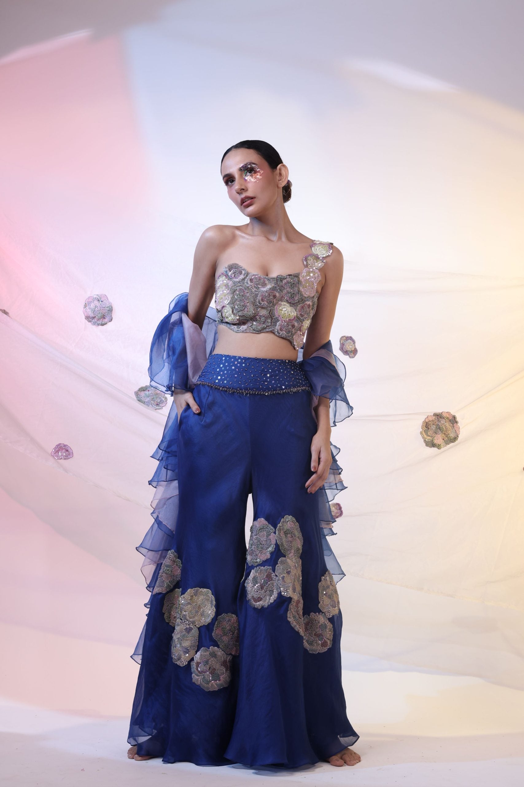Blue Organza Pant With Bustier and Dupatta
