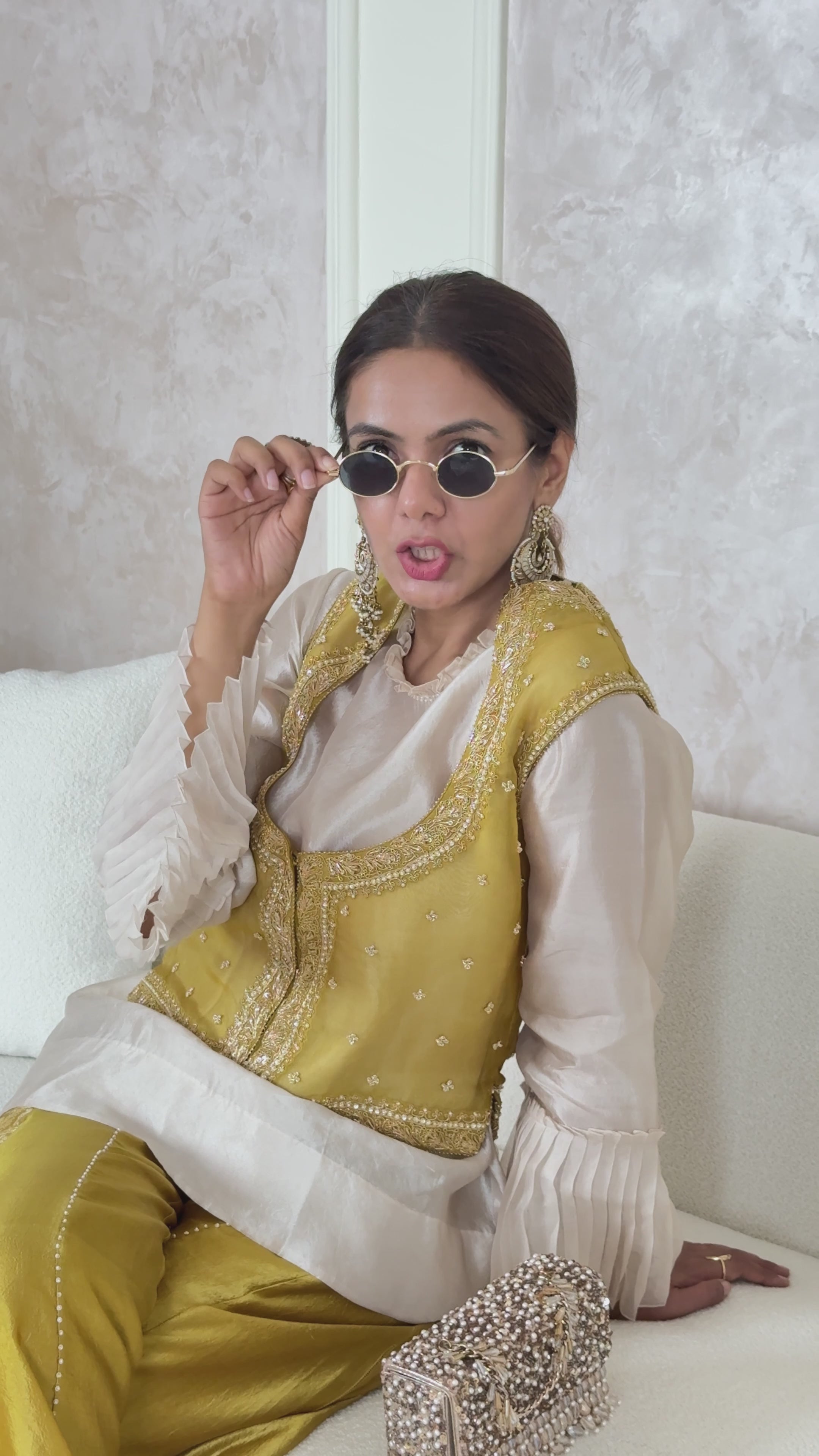 Yellow Brocade Pant with Koti and Shirt