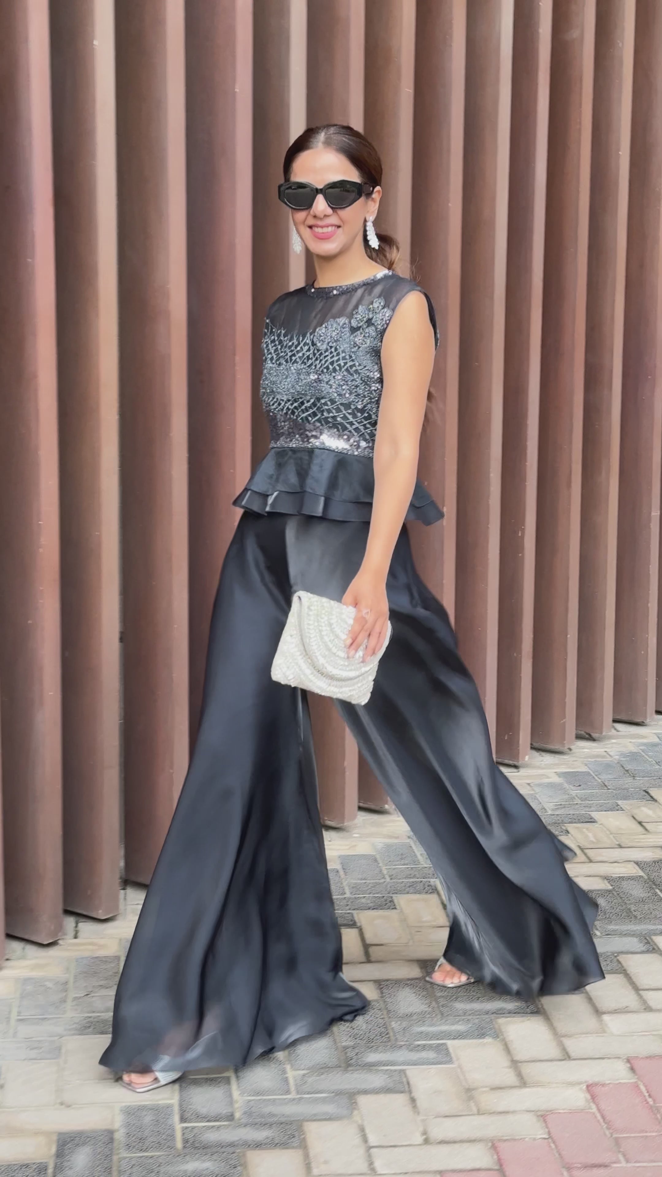 Blue Crop Peplum Organza Top with Pant